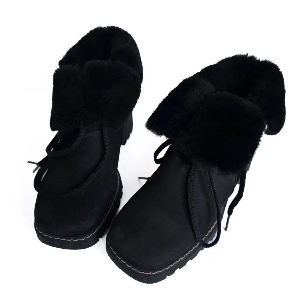 La Canadienne Shearling Lace Up Booties Womens 6.5 M Black Square Toe Waterproof